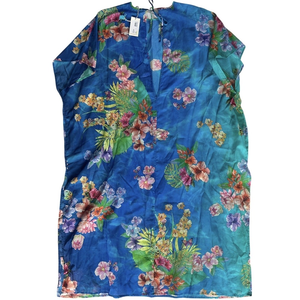 Johnny Was Blue Tie Dye Floral Silk Cotton Kaftan Dress CSW5923-A Small Medium - Picture 3 of 8